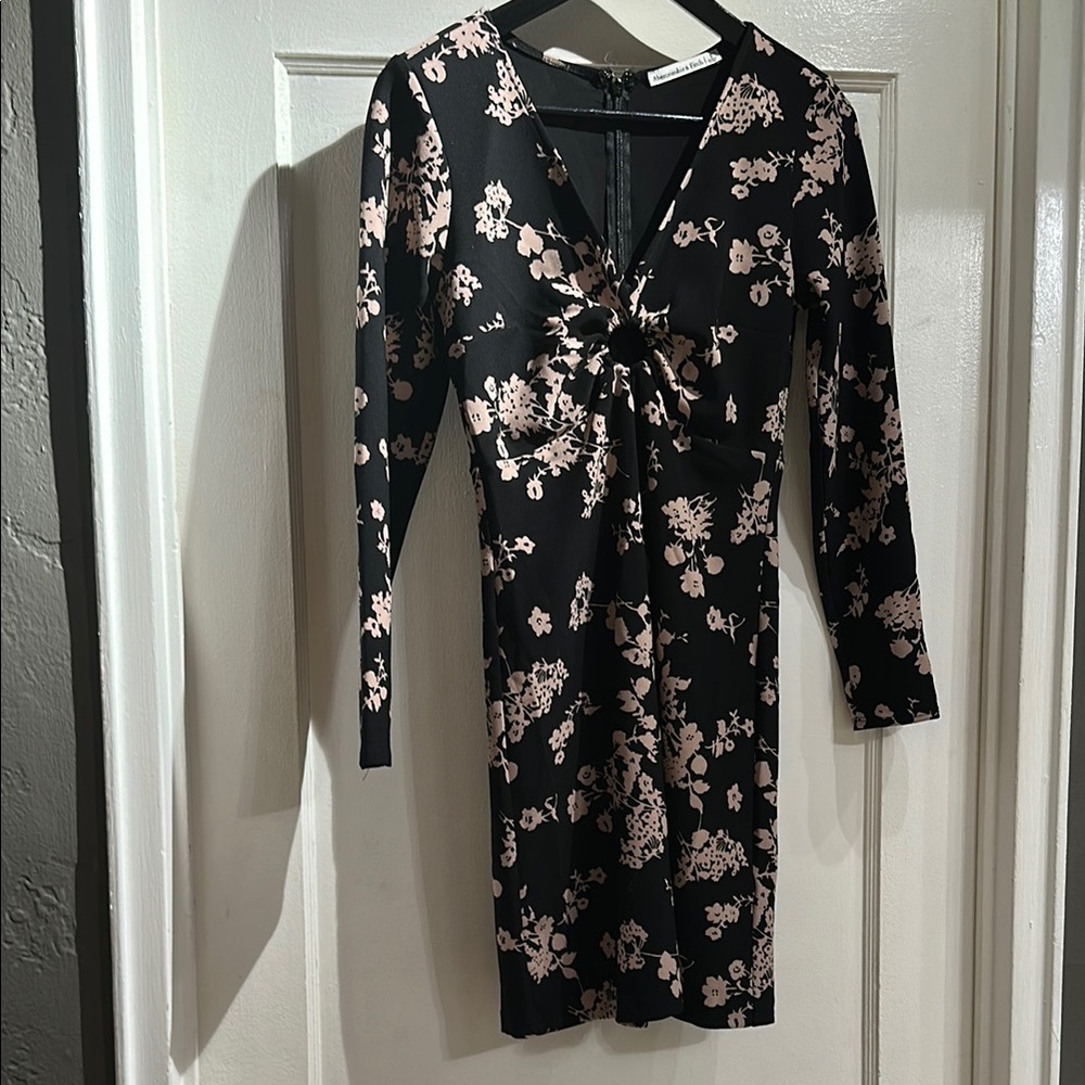 Abercrombie & Fitch Long Sleeve Black Dress with Tan Floral Pattern